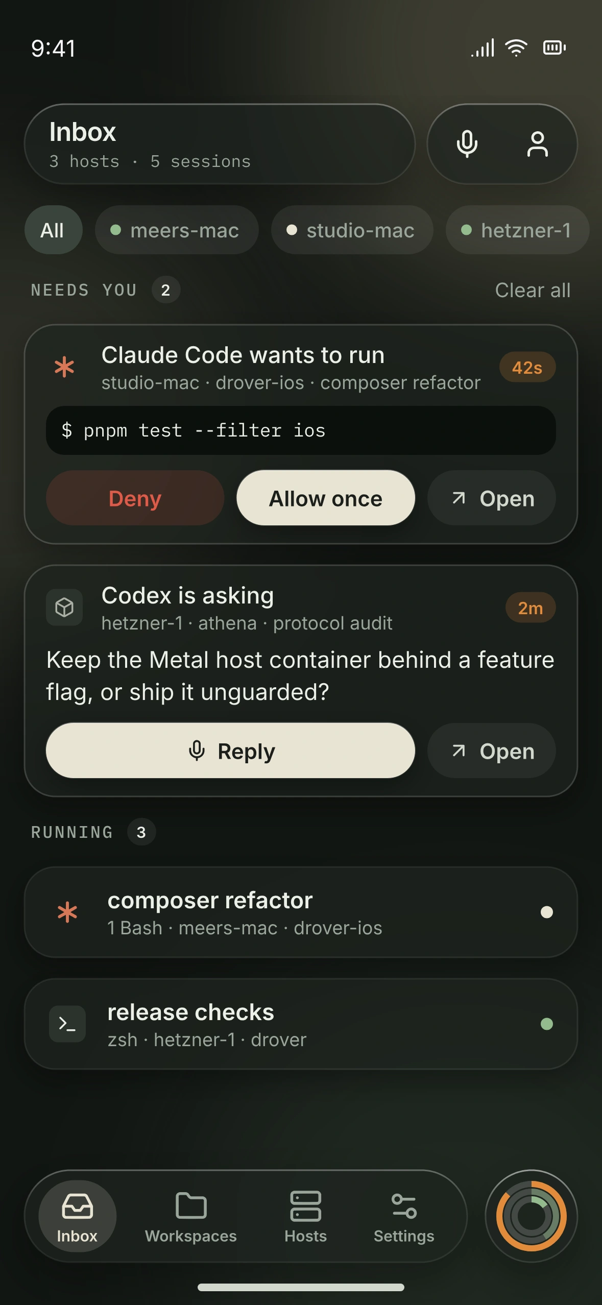 Drover Inbox interface design preview on iPhone, gathering work that needs attention