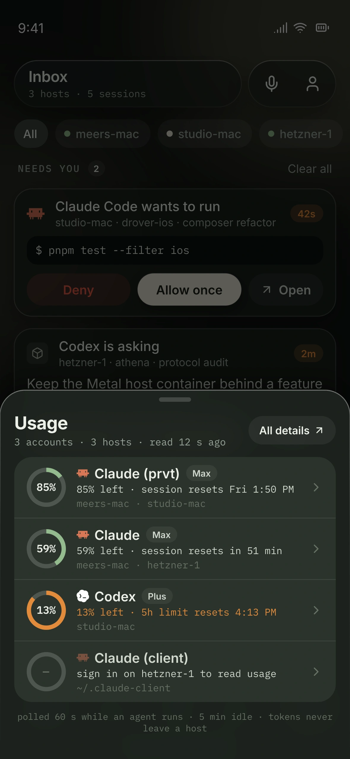 Usage sheet design preview with remaining capacity across Claude and Codex accounts