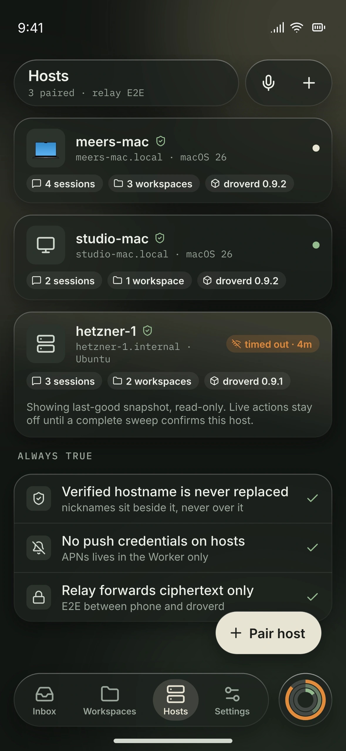Hosts interface design preview on iPhone, showing paired Mac and Linux machines with verified identities